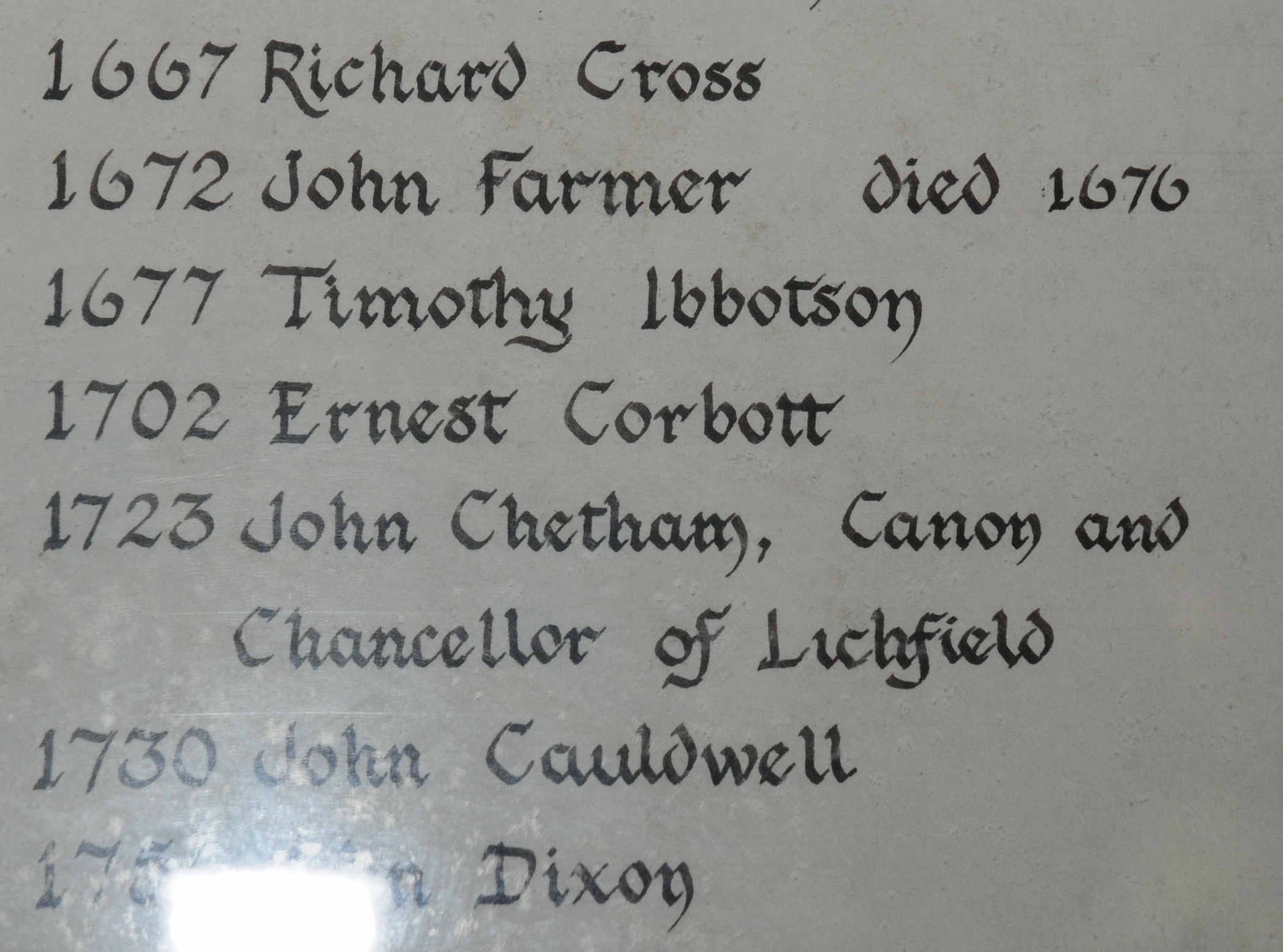 Photo of Plaque listing Vicars at Hanbury Church